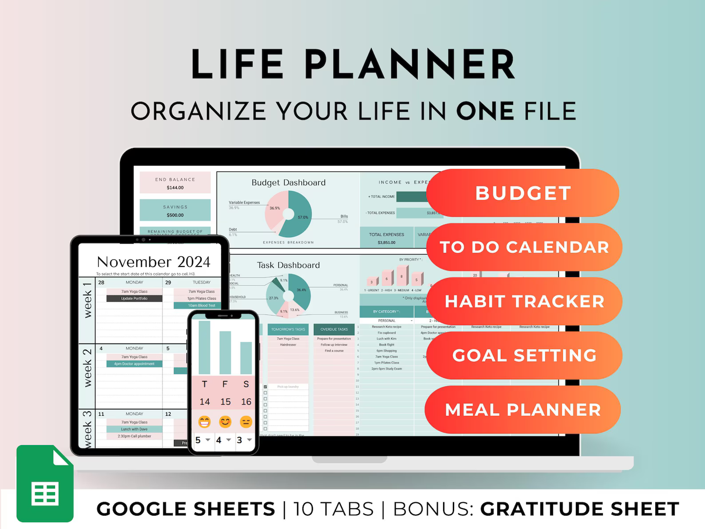 Google Sheets Life Planner | Budget | To Do List | Task Tracker